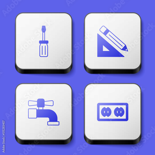 Set Screwdriver, Triangular ruler and pencil, Water tap and Electrical outlet icon. White square button. Vector