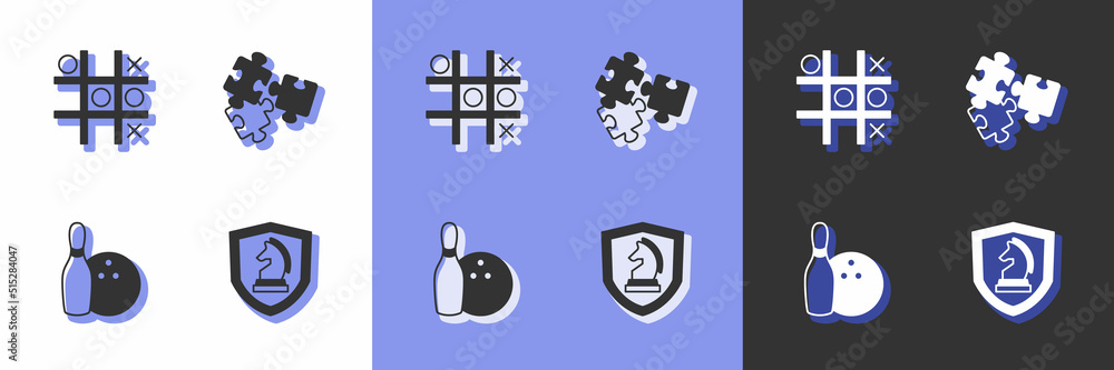Set Chess, Tic tac toe game, Bowling pin and ball and Puzzle pieces toy icon. Vector Set Chess, Tic tac toe game, Bowling pin and ball and Puzzle pieces toy icon. Vector