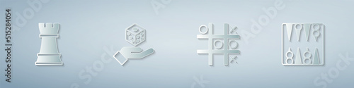 Set Chess, Game dice, Tic tac toe game and Backgammon board. Paper art style. Vector