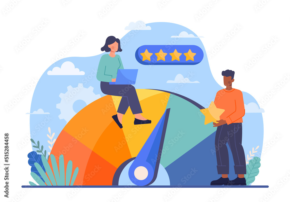 © Rudzhan - Customer satisfaction concept. Man and woman with laptop evaluate opinions of users and clients. Analytical department conducts marketing research on Internet. Cartoon flat vector illustration