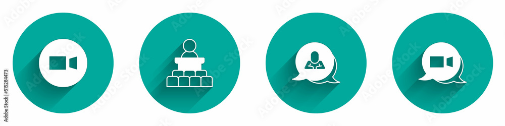 Set Video chat conference, Speaker, Speech bubble and icon with long shadow. Vector Set Video chat conference, Speaker, Speech bubble and icon with long shadow. Vector