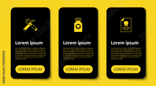 Set Clipboard with dental card, Toothache painkiller tablet and Dental mirror and probe. Business infographic template. Vector