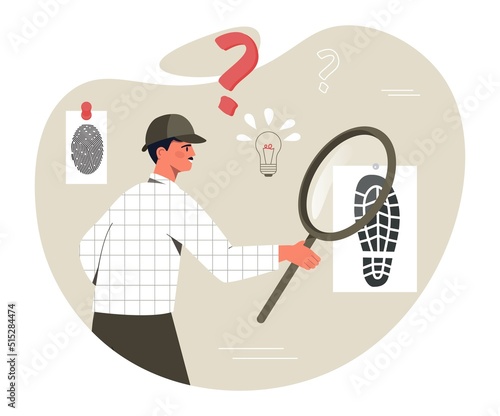 Detective with magnifying glass. Man evaluates trace of criminal and draws conclusions. analysis of facts and evidence, search for killer or robber. Cop in office. Cartoon flat vector illustration