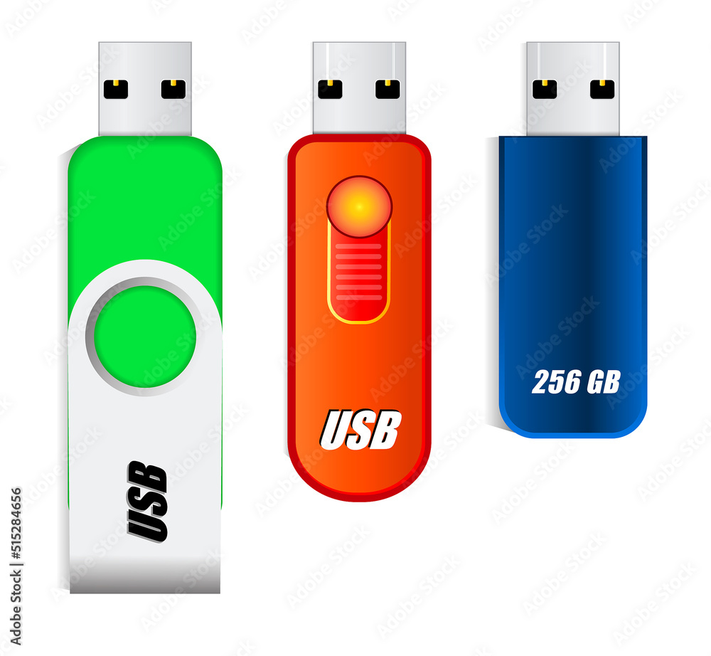 set of blank pen usb drive isolated or usb flash drive template for promotional branding or flash memory pen drive. eps vector