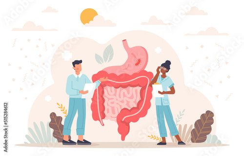 Concept of gastroenterology. Man and girl check stomach and intestines, doctors conduct scientific study. Specialists make diagnosis and choose treatment methods. Cartoon flat vector illustration