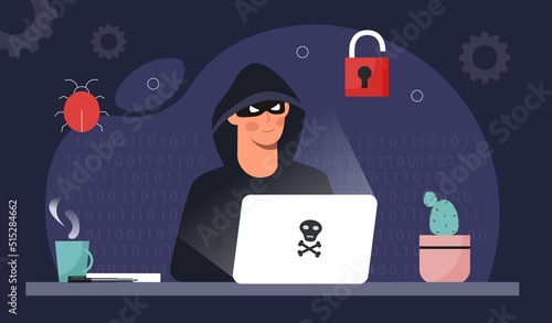 Hacker activity concept. Man in black mask and hoody sits at laptop. Scammer steals personal data, writes code and creates virus. Danger on Internet, website hacking. Cartoon flat vector illustration