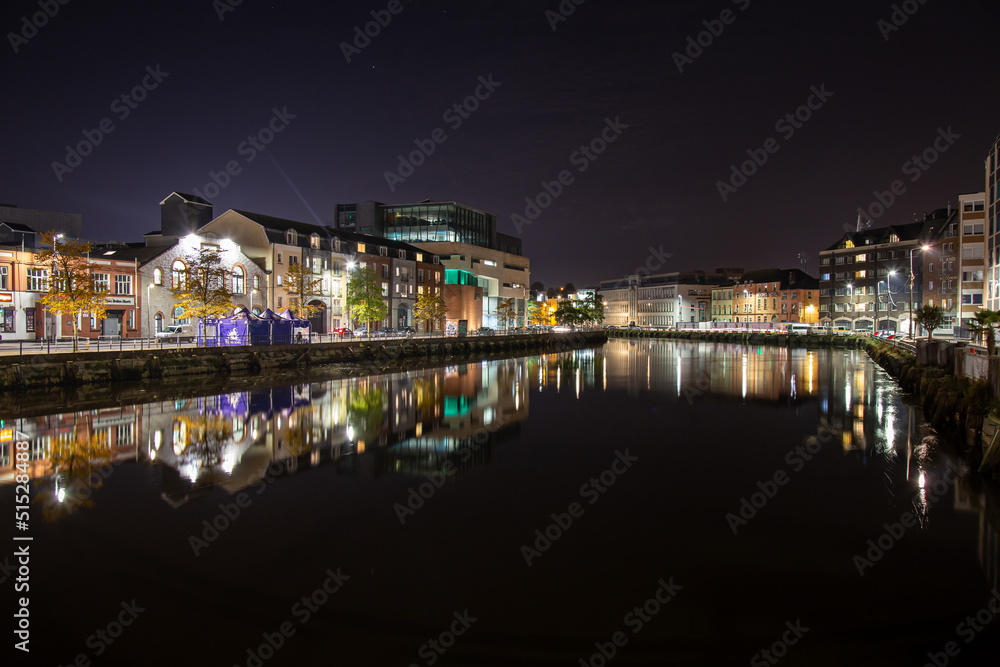 Cork City, Ireland - Oct 12th, 2021: Beautiful view of River Lee reflections, colors and lights in the evening