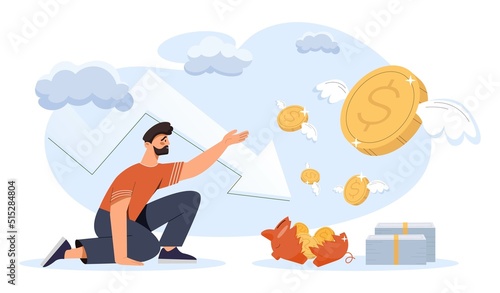 Losing money concept. Man reaches for gold coin. Metaphor for financial illiteracy and illiterate company management. Businessman has problems, economic crisis. Cartoon flat vector illustration