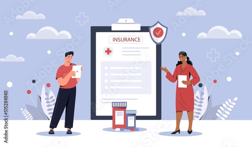 Medical insurance concept. Man and girl conclude agreement, taking care of health and life. Patient and doctor next to medicines. Life insurance, online contracts. Cartoon flat vector illustration