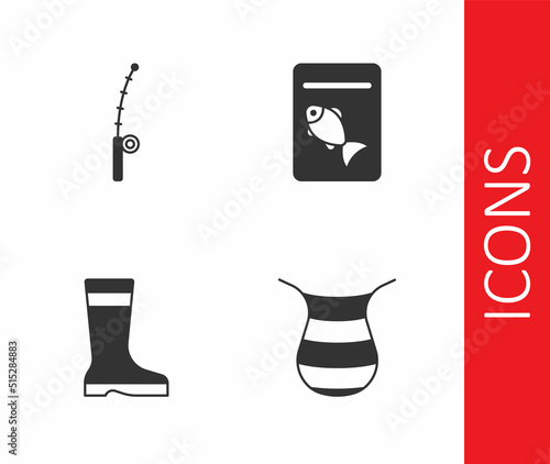 Set Fishing net, rod, boots and Served fish on plate icon. Vector