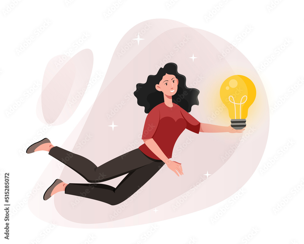 Gitl with light bulb. Woman found solution to problem, talented and hardworking employee. Illumination, creative personality. Entrepreneur launches start up. Cartoon flat vector illustration