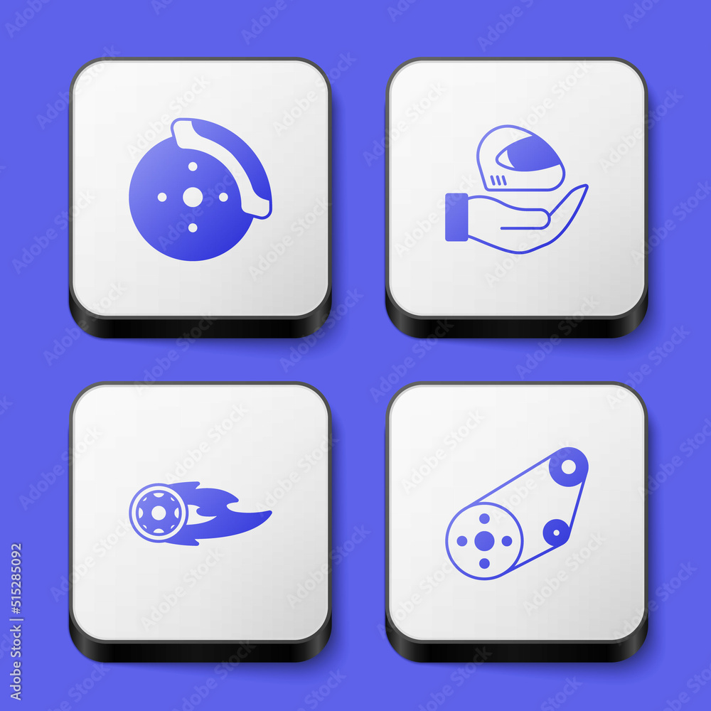 Set Car brake disk with caliper, Racing helmet, Wheel fire flame and Timing belt kit icon. White square button. Vector Set Car brake disk with caliper, Racing helmet, Wheel fire flame and Timing belt kit icon. White square button. Vector