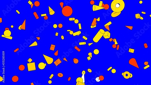 Toon yellow geometric objects on blue chroma key background. 3DCG confetti illustration for background. © Tsurukame Design