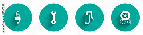 Set Car spark plug, Wrench spanner, muffler and tire wheel icon with long shadow. Vector