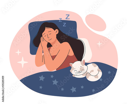 Girl sleeping with cat. Woman lies on bed with her pet, character in bedroom rests at night and recuperates. Comfort and coziness in apartment or room, dreams. Cartoon flat vector illustration