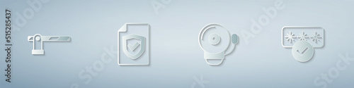 Set Parking car barrier, Contract with shield, Ringing alarm bell and Password protection. Paper art style. Vector