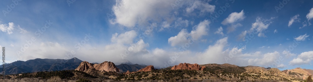 Panoramic view of Colorado winter landscape, Garden of the Gods and Pike's Peak, horizontal aspect