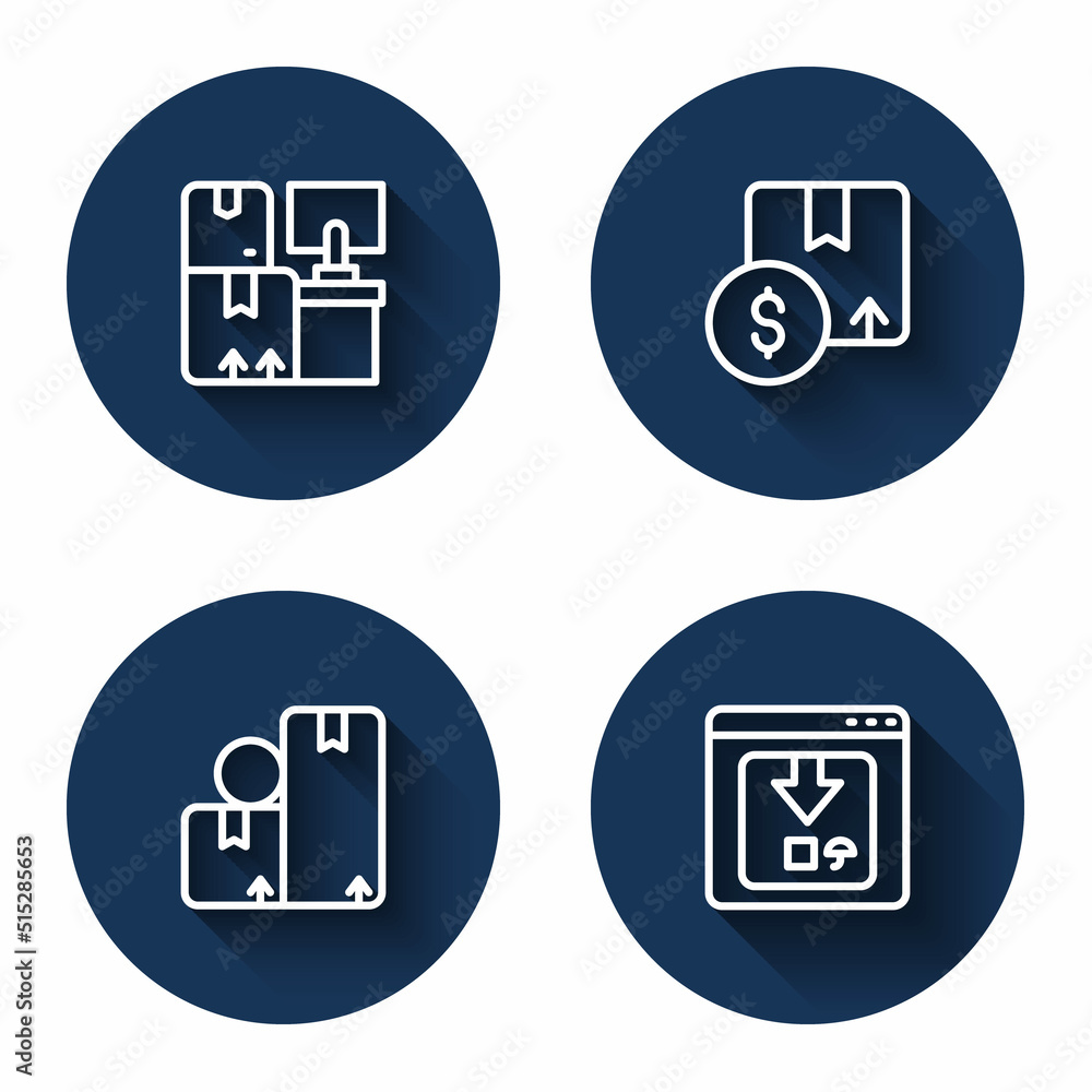 Set line Warehouse with boxes, Carton cardboard, and Online app delivery tracking with long shadow. Blue circle button. Vector Set line Warehouse with boxes, Carton cardboard, and Online app delivery tracking with long shadow. Blue circle button. Vector