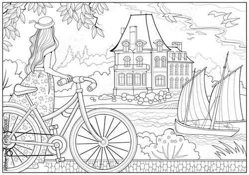 Coloring book for children and adults. Beautiful girl travels in Brittany seacoast on a bike. Black and white vector illustration. Image in zentangle style. Printable page for drawing and meditation.