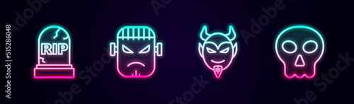 Set line Tombstone with RIP written, Frankenstein face, Devil head and Skull. Glowing neon icon. Vector