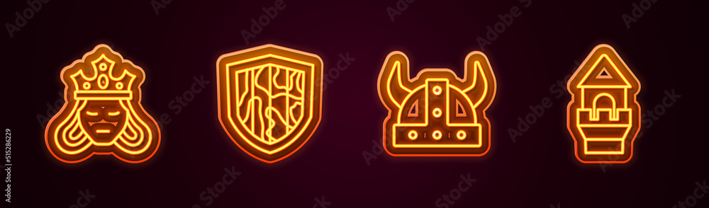 Set line Princess or queen, Shield, Viking horned helmet and Castle tower. Glowing neon icon. Vector Set line Princess or queen, Shield, Viking horned helmet and Castle tower. Glowing neon icon. Vector