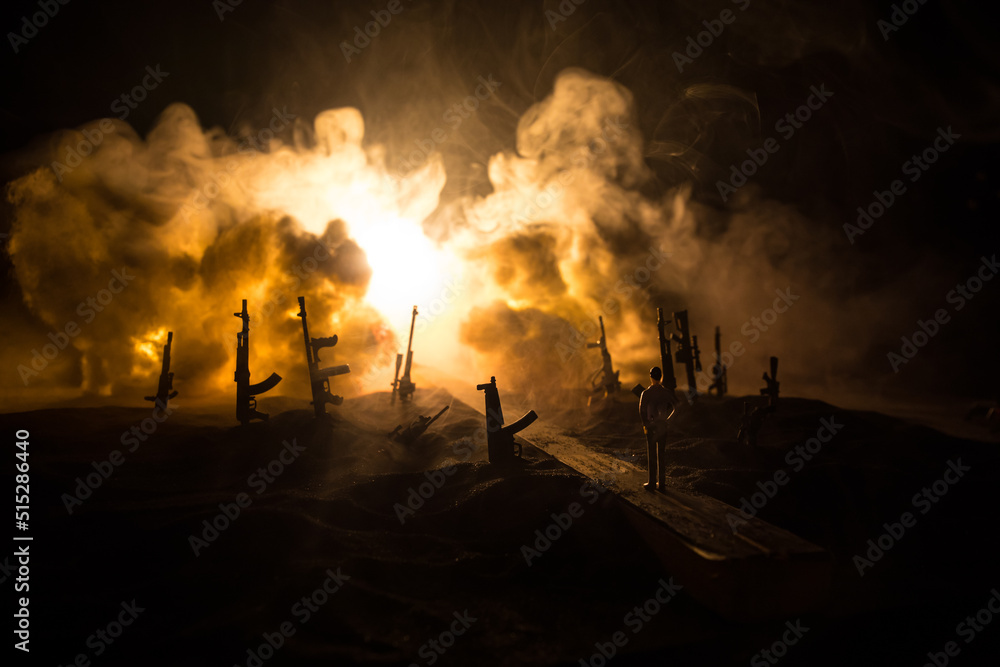 Creative artwork decoration war on Ukraine. Crowd looking on giant explosion and attacking soldiers.