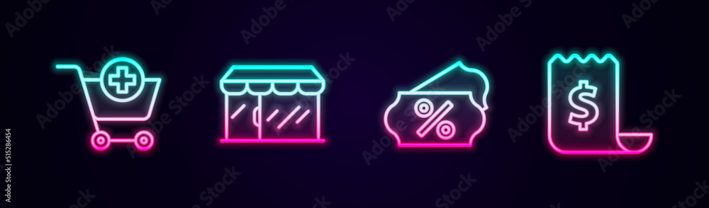 Set line Add to Shopping cart, Market store, Discount percent tag and Paper check and financial check. Glowing neon icon. Vector Set line Add to Shopping cart, Market store, Discount percent tag and Paper check and financial check. Glowing neon icon. Vector