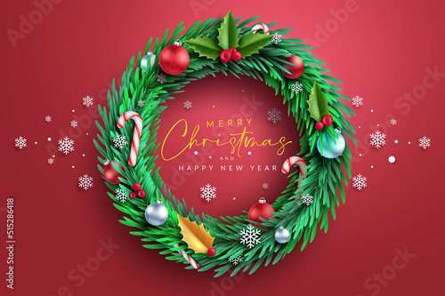 Christmas wreath vector concept design. Merry christmas greeting text in wreath element with snowflakes, balls and holy berry decoration for xmas holiday celebration. Vector illustration.
