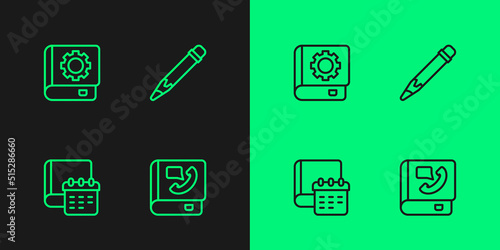 Set line Phone book, Daily paper notepad, User manual and Pencil with eraser icon. Vector