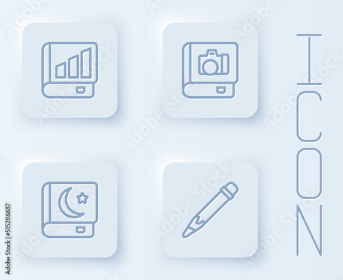 Set line Financial book, Photo album gallery, Holy of Koran and Pencil with eraser. White square button. Vector