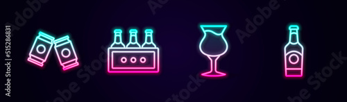 Set line Beer can, Pack of beer bottles, Glass and . Glowing neon icon. Vector
