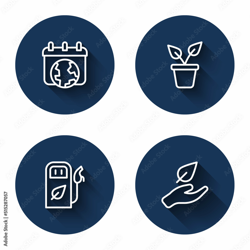 Set line World Earth day, Plant in pot, Petrol gas station and Leaf hand with long shadow. Blue circle button. Vector Set line World Earth day, Plant in pot, Petrol gas station and Leaf hand with long shadow. Blue circle button. Vector