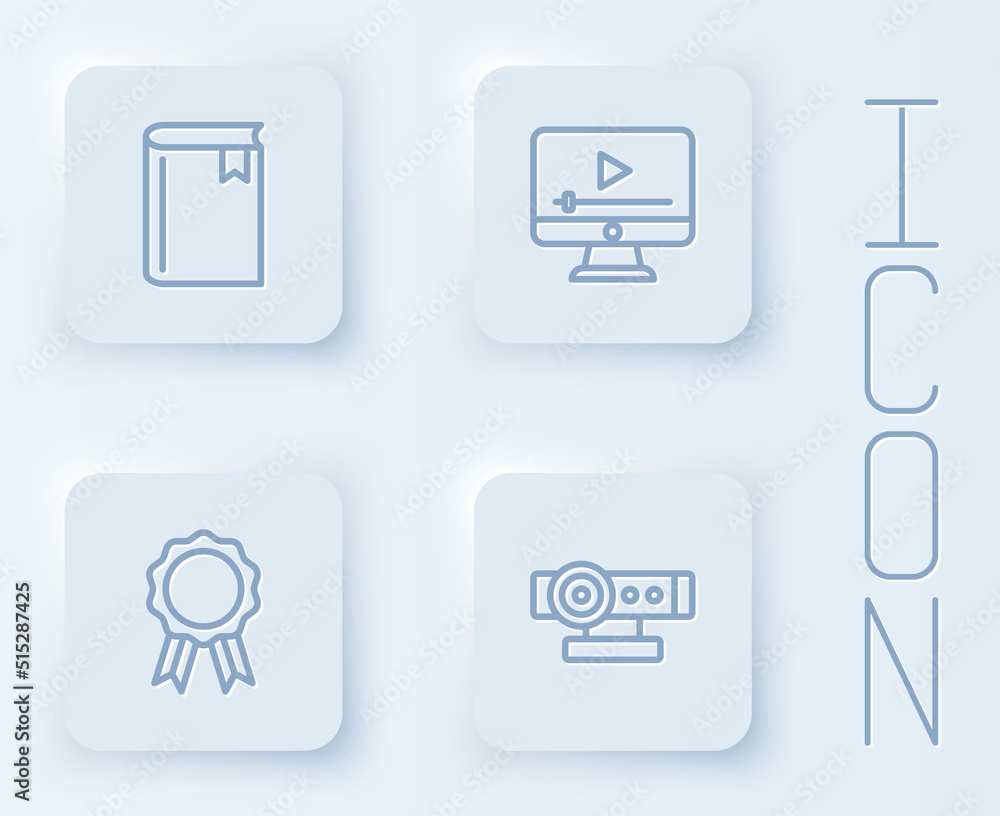 Set line Book, Online play video, education with diploma and Web camera. White square button. Vector Set line Book, Online play video, education with diploma and Web camera. White square button. Vector