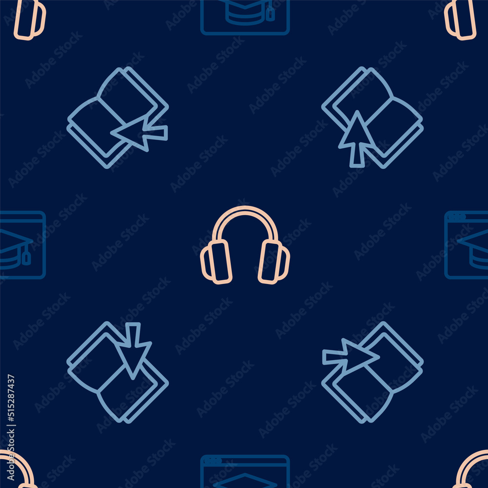 Set line Online education, book and Headphones on seamless pattern. Vector Set line Online education, book and Headphones on seamless pattern. Vector