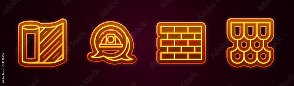 Set line Wallpaper, Worker safety helmet, Bricks and Roof tile. Glowing neon icon. Vector Set line Wallpaper, Worker safety helmet, Bricks and Roof tile. Glowing neon icon. Vector