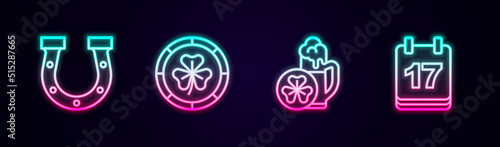 Set line Horseshoe, Golden leprechaun coin, Glass of beer and Saint Patricks day with calendar. Glowing neon icon. Vector