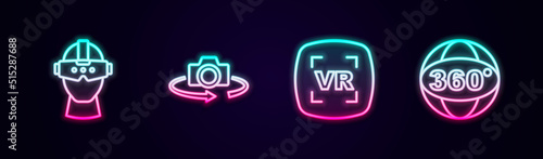 Set line Virtual reality glasses, 360 degree view, and . Glowing neon icon. Vector