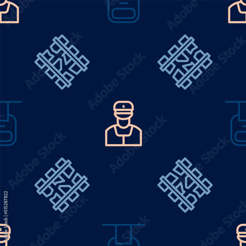 Set line Cable car, Broken or cracked railway and Train conductor on seamless pattern. Vector