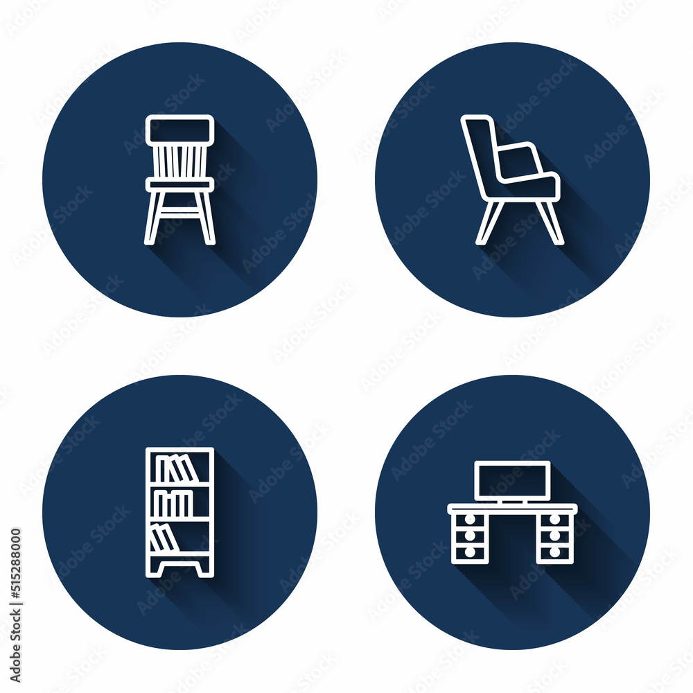 Set line Chair, Armchair, Library bookshelf and Office desk with long shadow. Blue circle button. Vector Set line Chair, Armchair, Library bookshelf and Office desk with long shadow. Blue circle button. Vector