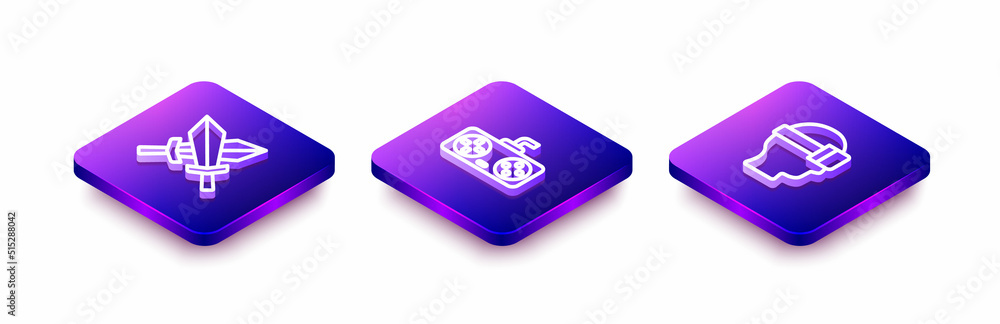 Set Isometric line Sword for game, Game controller joystick and Virtual reality glasses icon. Vector Set Isometric line Sword for game, Game controller joystick and Virtual reality glasses icon. Vector