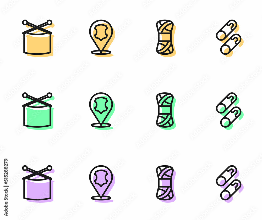 Set line Yarn, Knitting needles, Leather and Closed steel safety pin icon. Vector Set line Yarn, Knitting needles, Leather and Closed steel safety pin icon. Vector