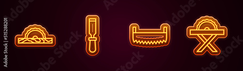 Set line Electric circular saw, Chisel tool, Two-handed and . Glowing neon icon. Vector
