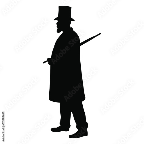 Standing man in vintage clothes. Victorian gentleman in cylinder with umbrella. XIX century male fashion. Black silhouette on white background.