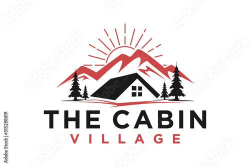Cabin village logo vector lodge house illustration design outdoor mountain roof house residence real estate