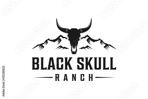 Black skull cow head logo design horns animal mountain background hunter icon cowboy ranch