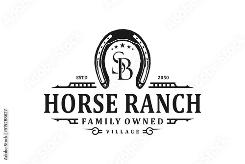 Horse ranch horseshoe logo design rustic vintage badge farm retro