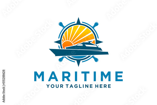 Ship yatch logo old wooden rudder steering whell design maritime nautical seafaring sunset windrose icon