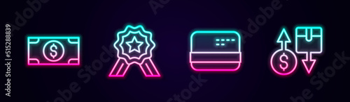 Set line Stacks paper money cash, Stars rating, Credit card and Tax cardboard box. Glowing neon icon. Vector