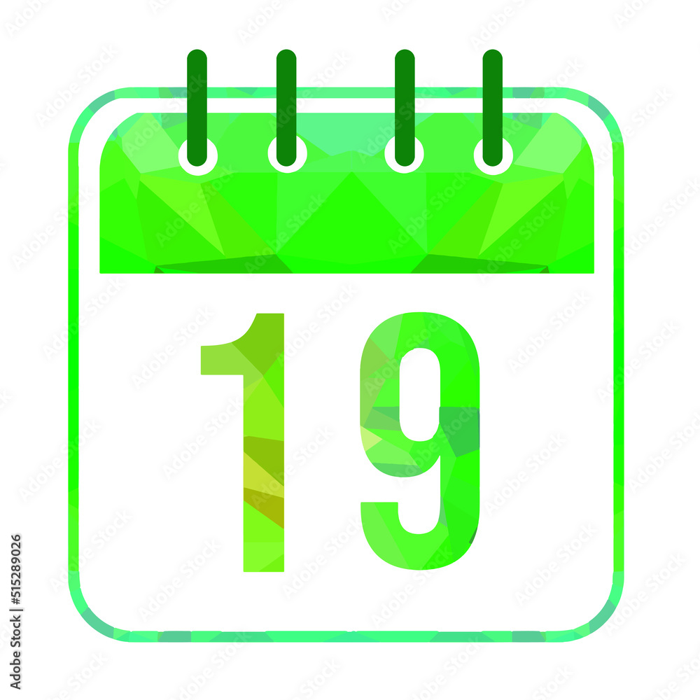 Calendar day 19. Number nineteen on a white paper with modern green border. Isolated on white background. Vector illustration. Calendar day 19. Number nineteen on a white paper with modern green border. Isolated on white background. Vector illustration.