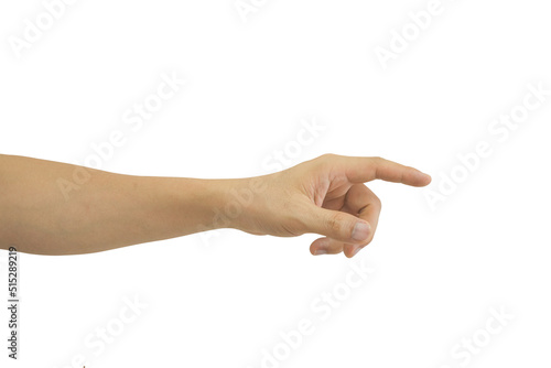 Man's hand pointing at something isolated on white background. Include clipping path.